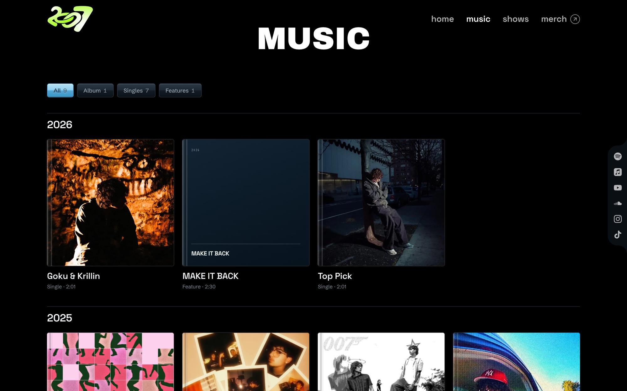 Music page: release grid by year with Album, Singles and Features filters