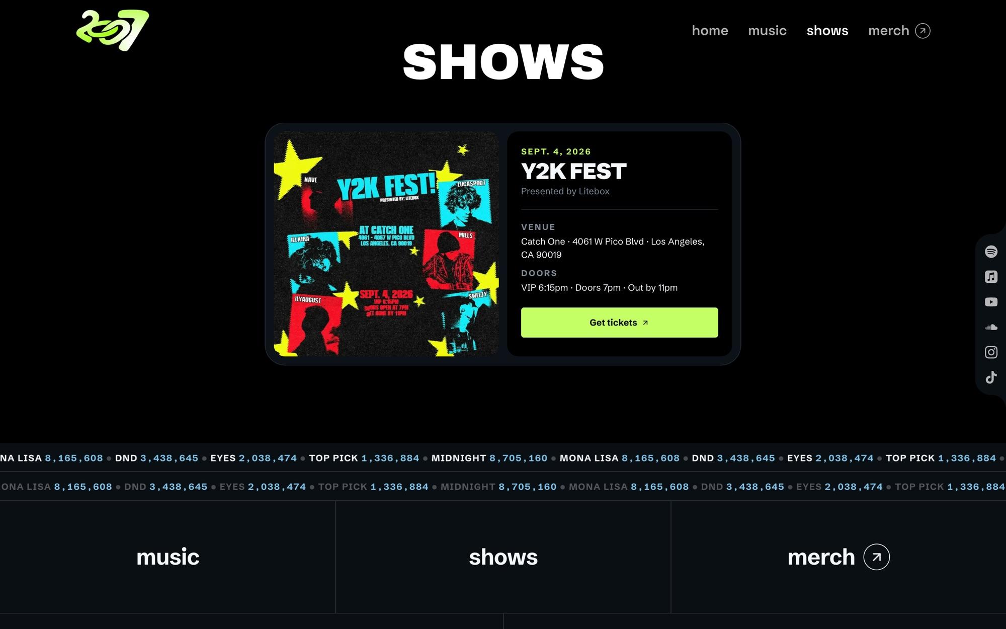 Shows page: Y2K Fest flyer card with venue and doors, stream counts ticker below