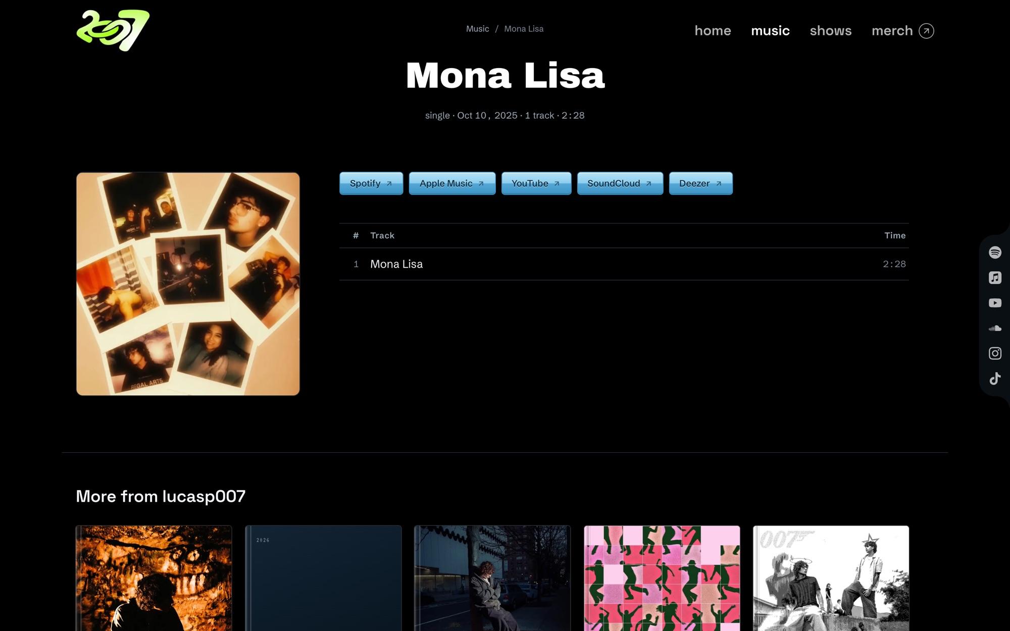 Release page for Mona Lisa: cover, glossy streaming buttons and the tracklist