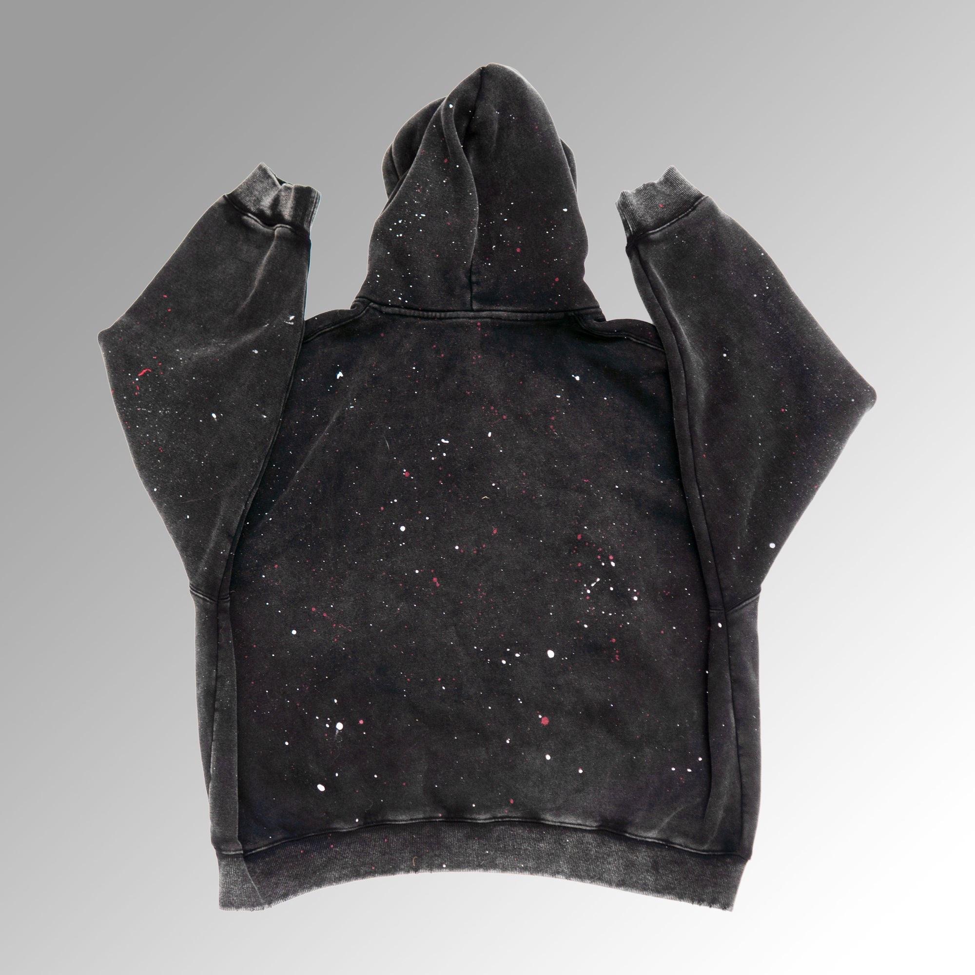 Back of the I HEART 2007 hoodie: washed black with red and white paint splatter