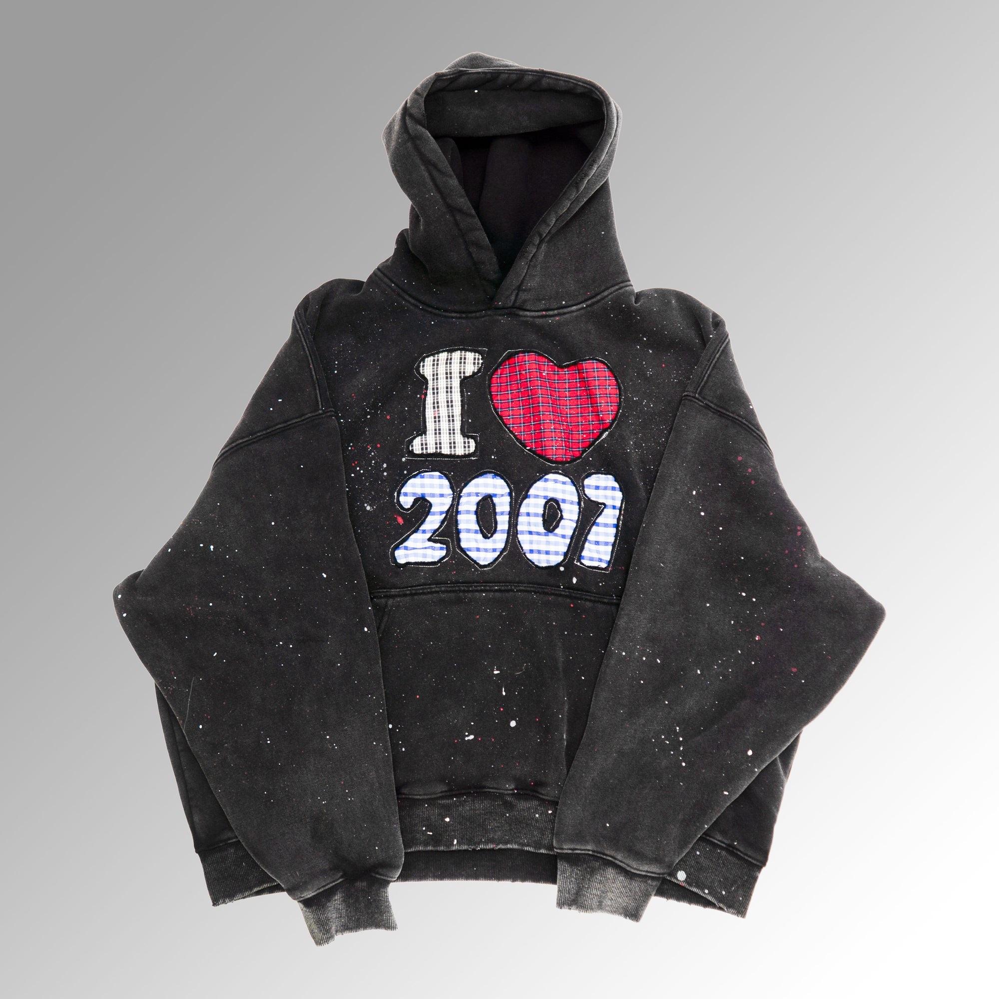 The I HEART 2007 hoodie: washed black, plaid I, red heart and blue 2007 patches, paint splatter