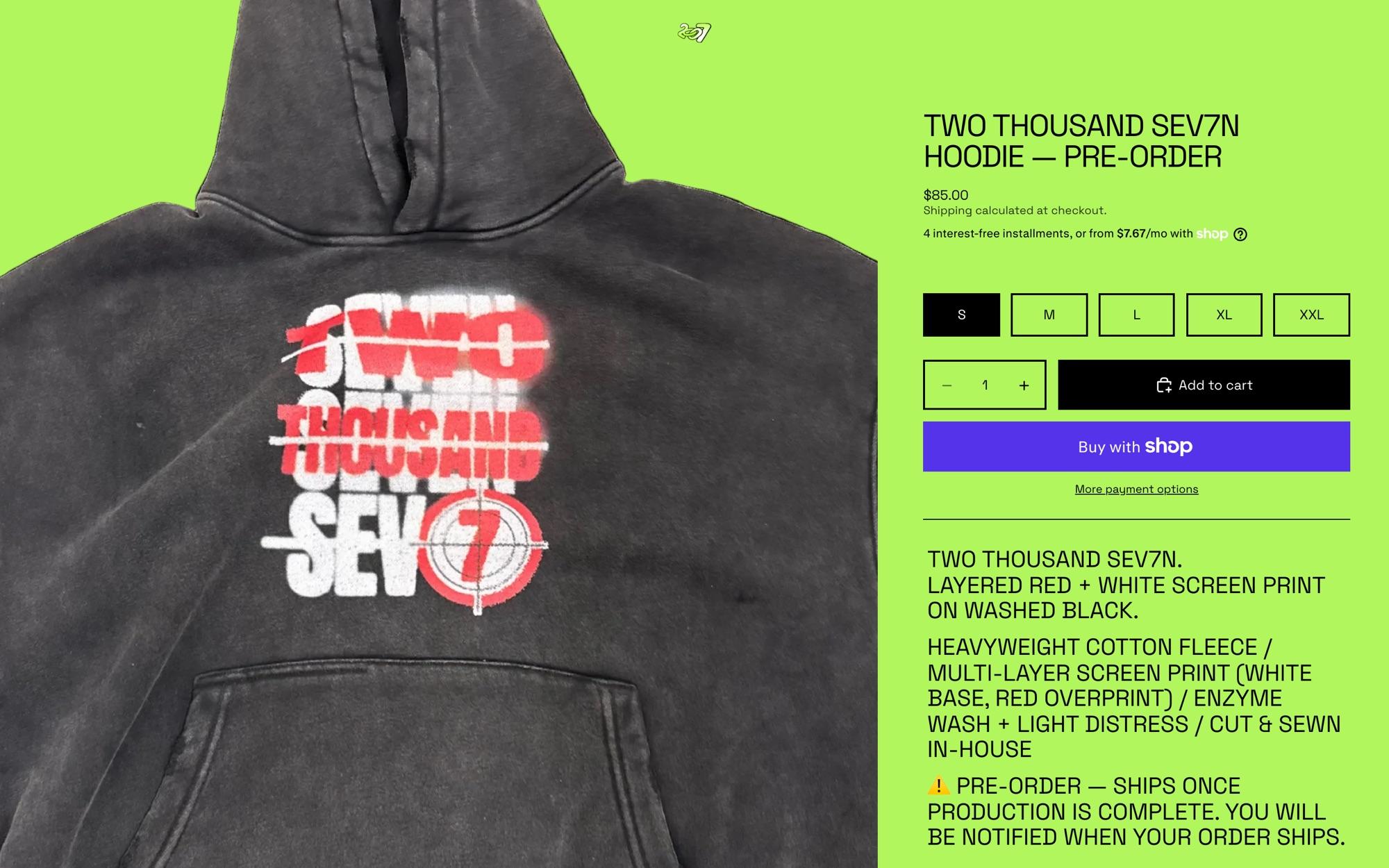 Two Thousand Sev7n hoodie product page: screen print close up on acid green
