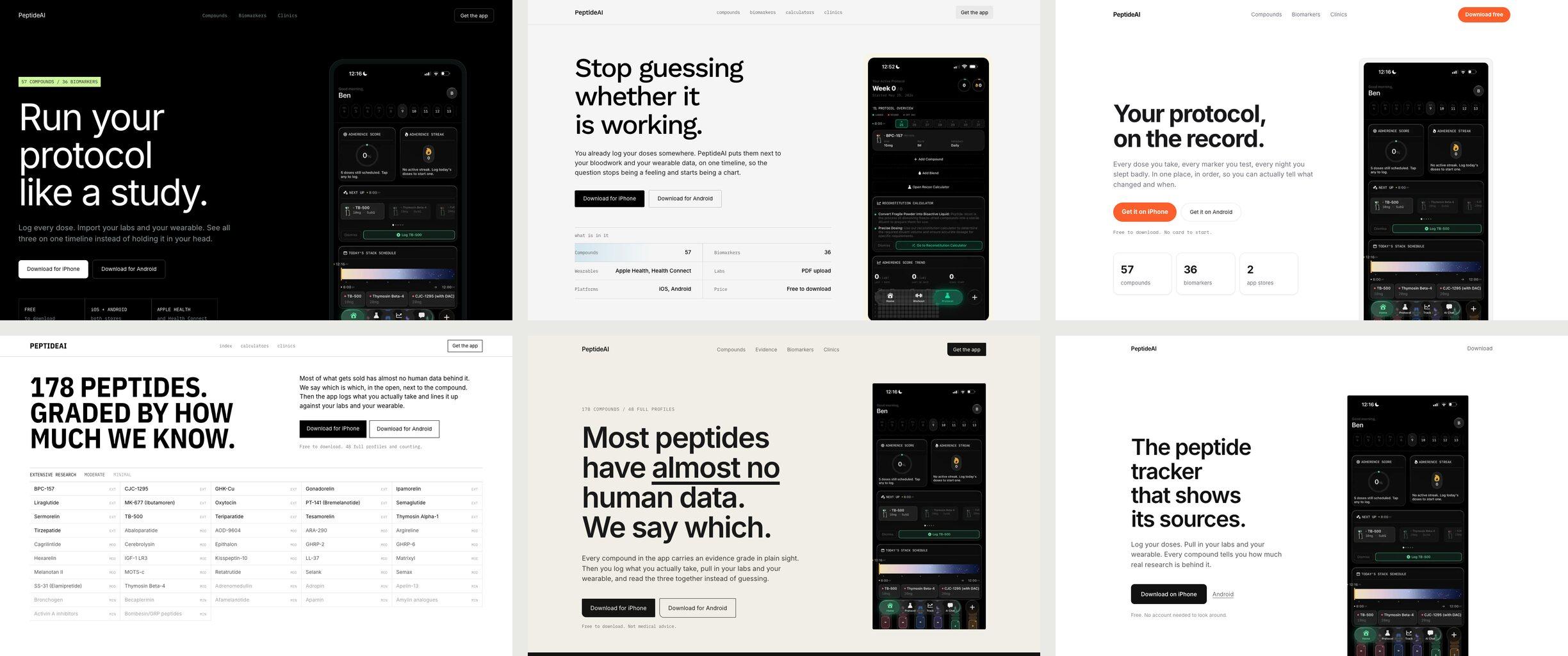 The six hero directions as built: lab notebook, datasheet, clinic, the index, the journal and one screen