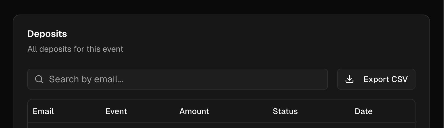 Deposits table with search and Export CSV