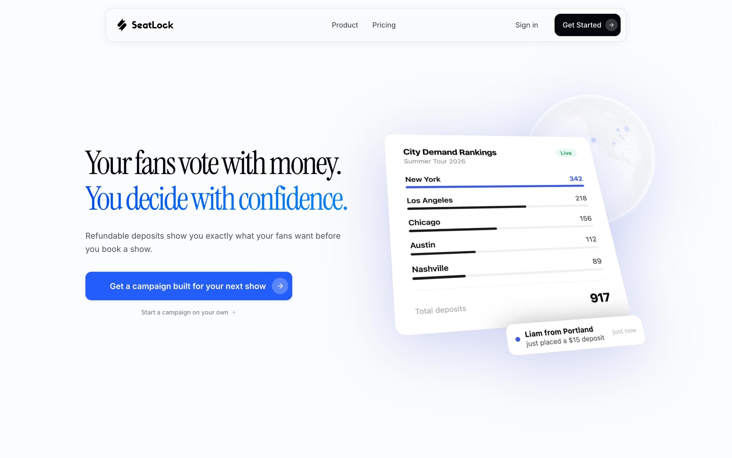 SeatLock hero: Your fans vote with money, with the city demand rankings card